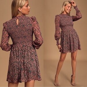 LULUS Floral Forever Green and Pink Floral Print Smocked Skater Dress Sz S